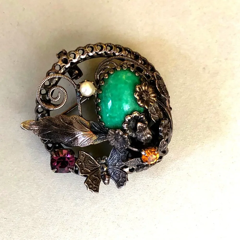 Vintage Glass Stone Brooch Silver Tone Green Flower Leaf Pin Pendant Retro